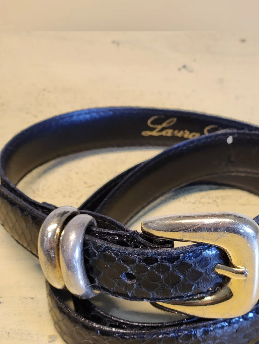 Vintage Laura Gail Genuine Snakeskin Belt Black Mixed Metal Buckle Size L